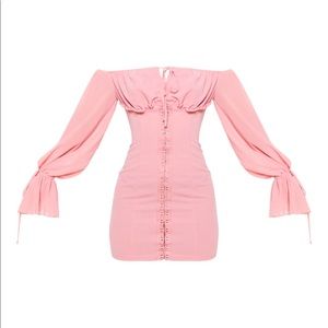 PETITE DUSTY ROSE CHIFFON SLEEVE HOOK AND EYE BODYCON DRESS